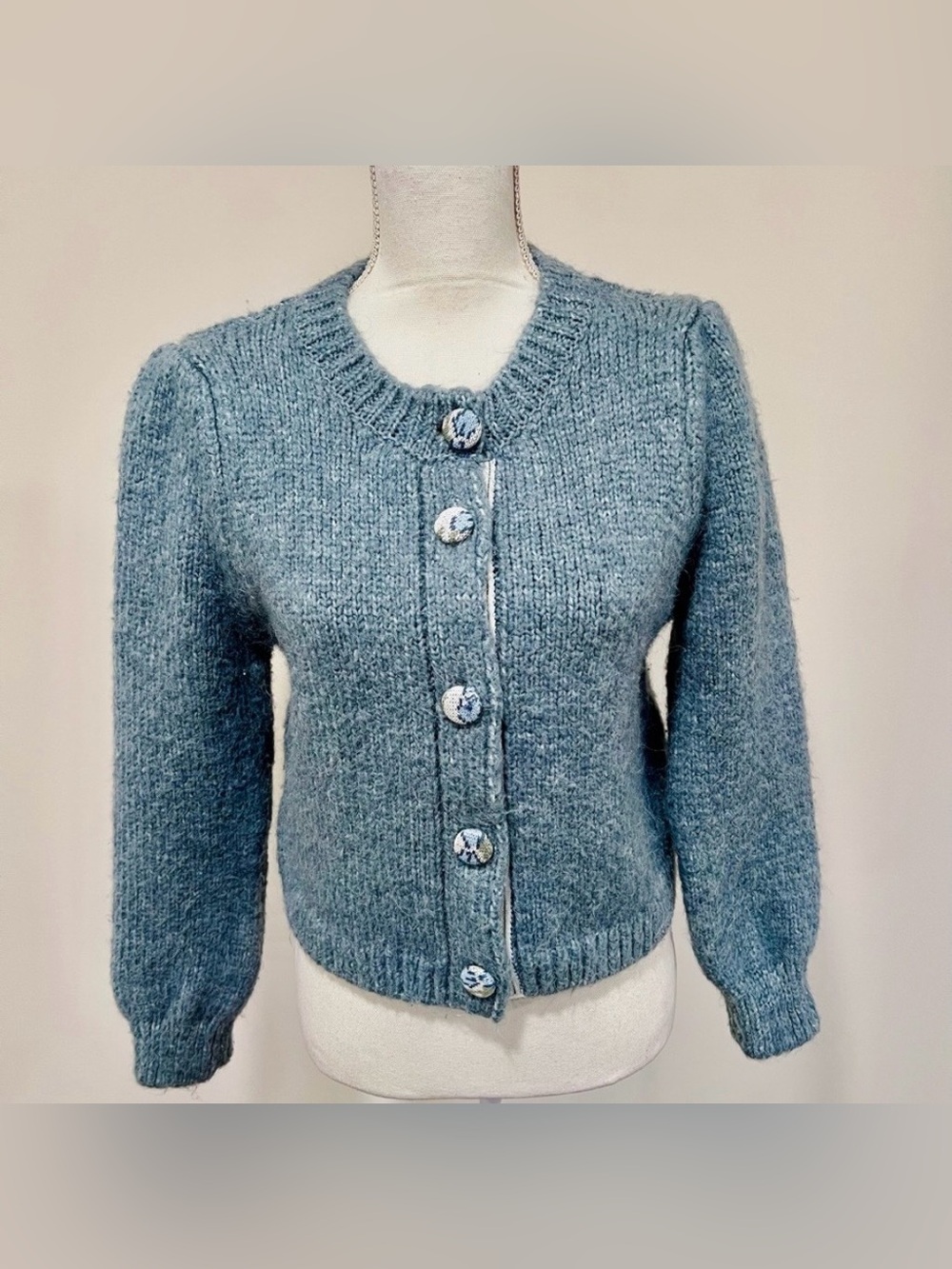Mango MNG Matilda Light Dusty Blue Sweater Cardigan with Floral Trim Size XXL